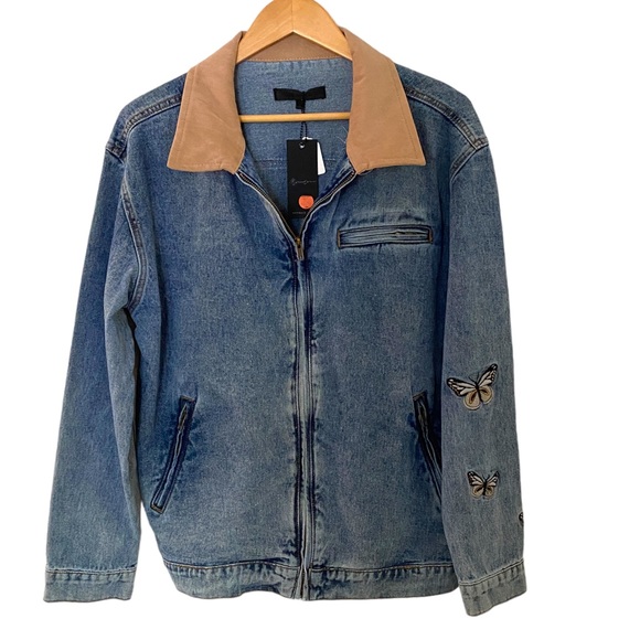 ASOS Mennace Denim Butterfly Embroidered Jacket Size Medium - Picture 11 of 11